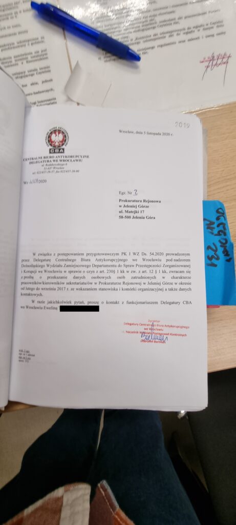 Pismo CBA do Prokuratury Rejonowej w Jeleniej Górze z dnia 5.11.2020.