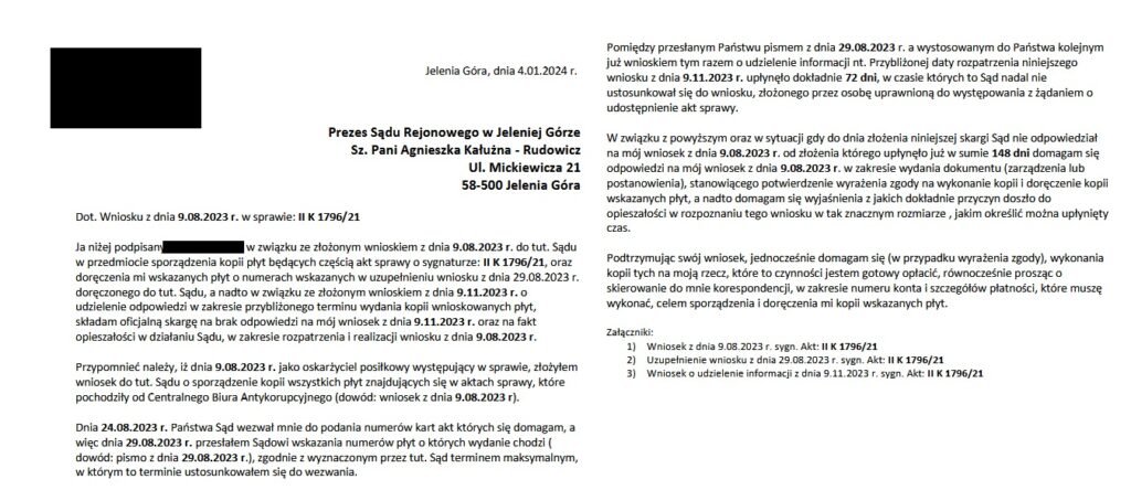 Skarga Sąd Rejonowy w Jeleniej Górze z dnia 4.01.2024 r.